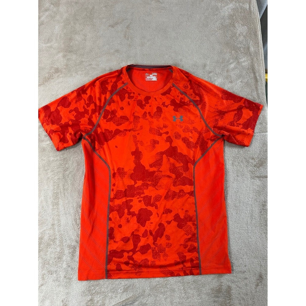 Under Armour HeatGear T-shirt Mens XL/TG/EG Orange Red Camo Short Sleeve EUC